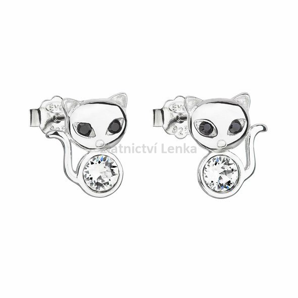 Stříbrné náušnice s krystaly Swarovski bílá kočka 31250.1